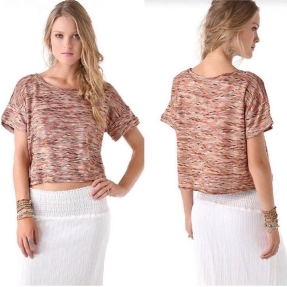 Free People Women's Rainbow Textured Weave Boxy Fit Short Sleeve Top Size Large